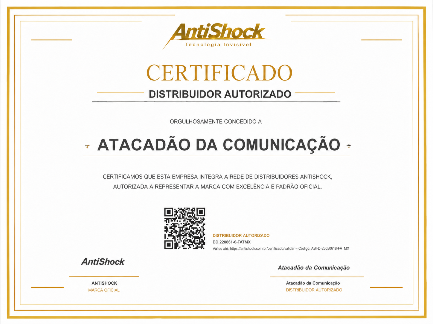 Certificado oficial de Distribuidor Autorizado AntiShock